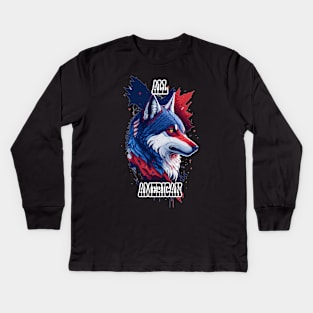 All American Forth of July Wolf Star Spangled Banner Kids Long Sleeve T-Shirt